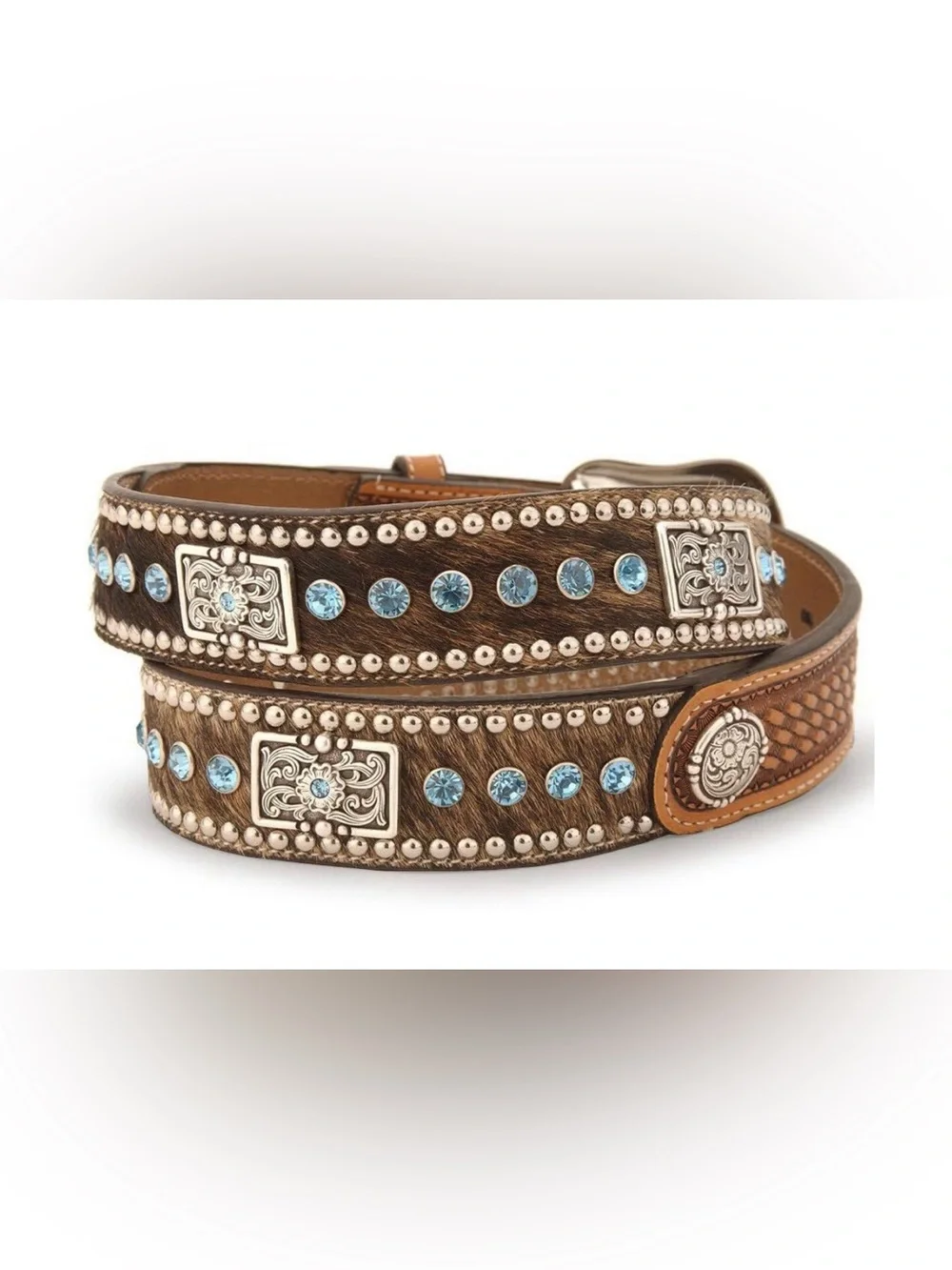Nocona Genuine Tooled Leather,Hair on hide, Concho,blue stones,silvertone buckle